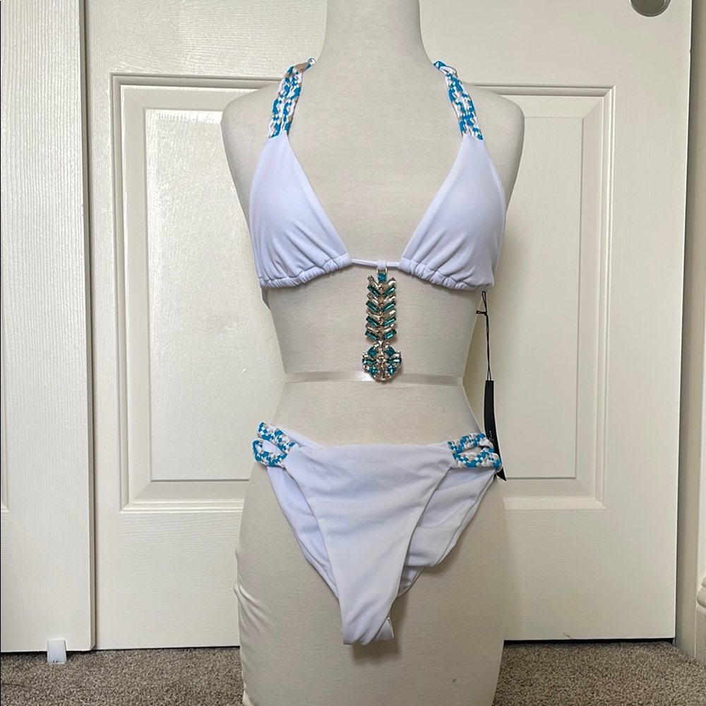 White and Blue Beaded Women's Bikini Set
